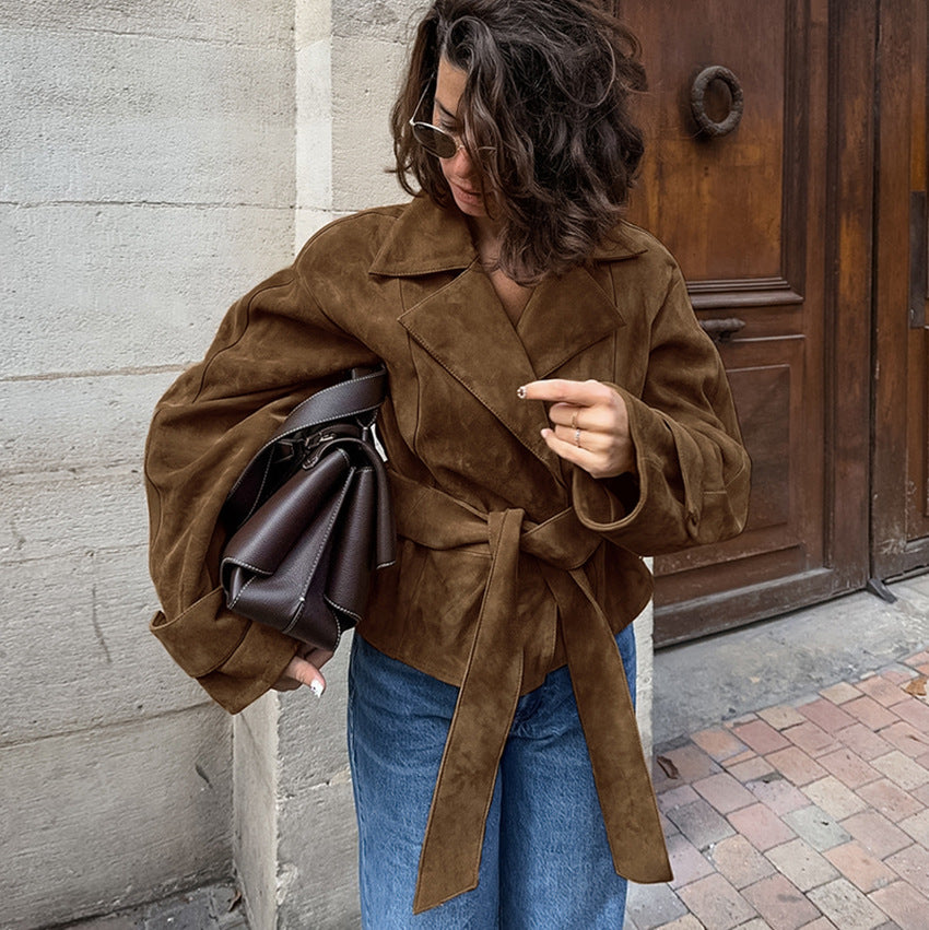 Women's Brown Faux Suede Belted Coat - Brown