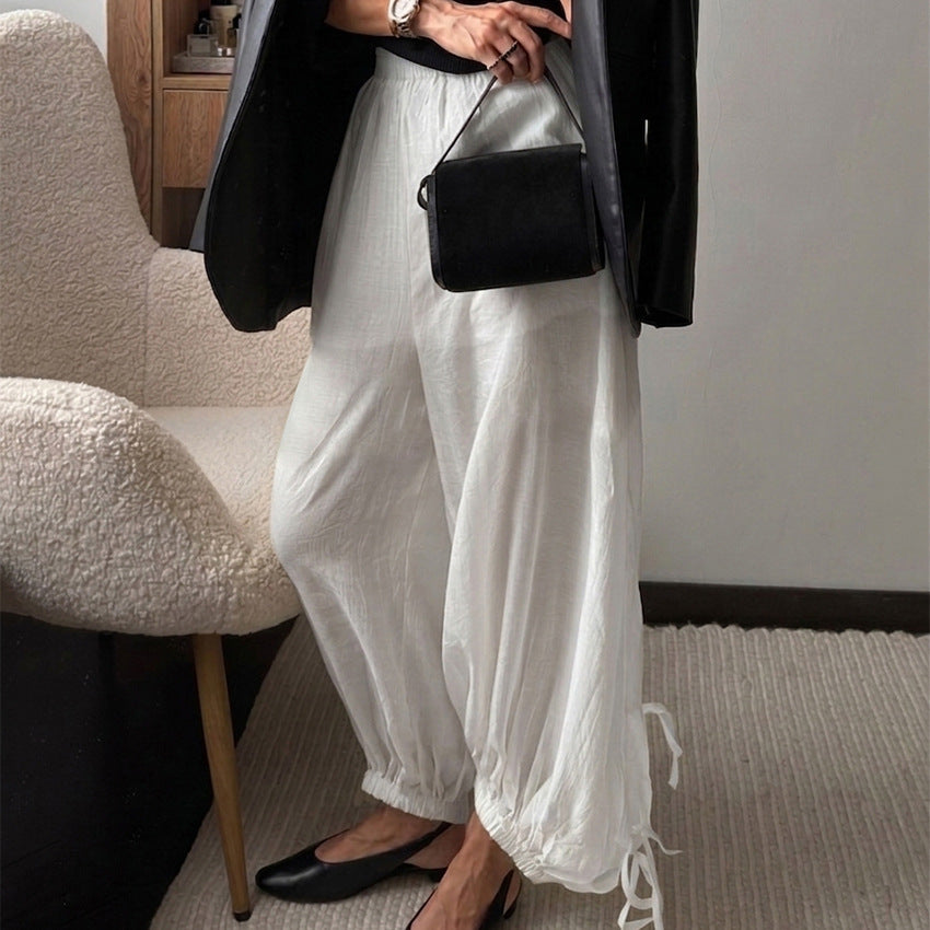 Women's White Belted Wide-Leg Pants - White