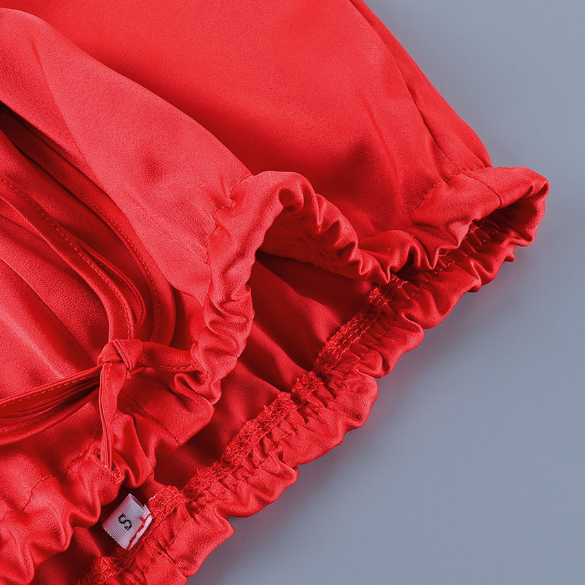 Women's Red Drawstring Wide-Leg Pants
