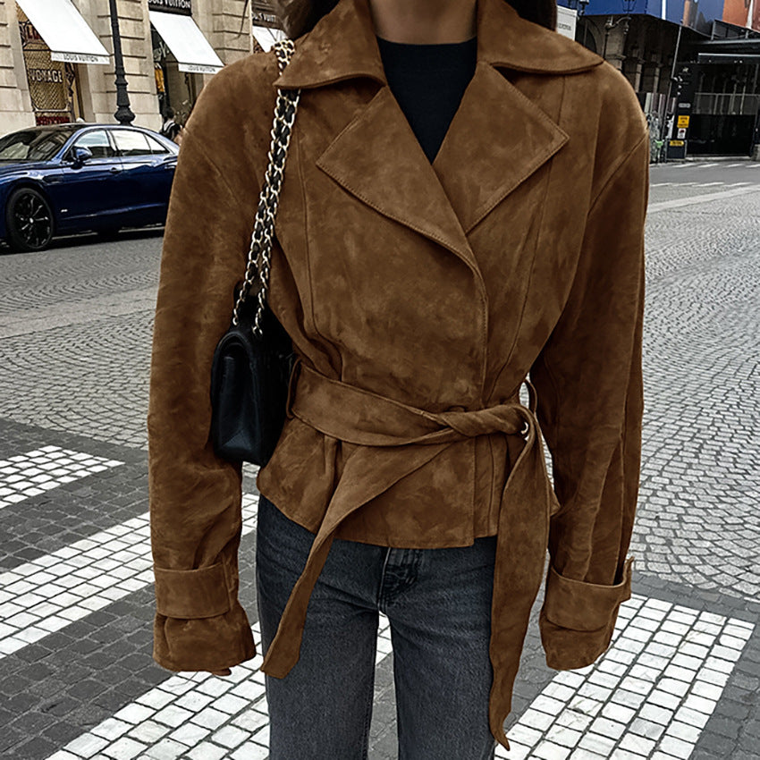 Women's Brown Faux Suede Belted Coat - Brown