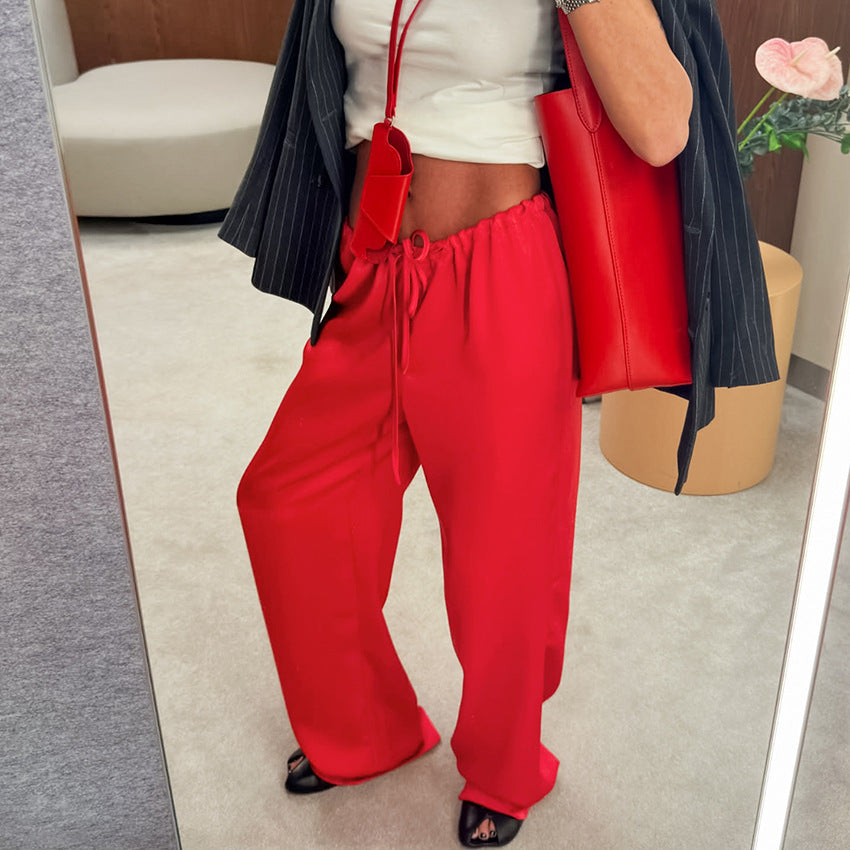 Women's Red Drawstring Wide-Leg Pants