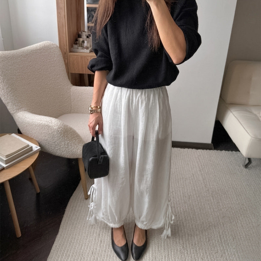 Women's White Belted Wide-Leg Pants