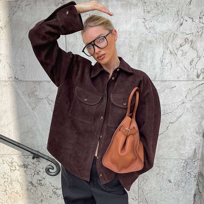 Women's Brown Faux Suede Relaxed Jacket