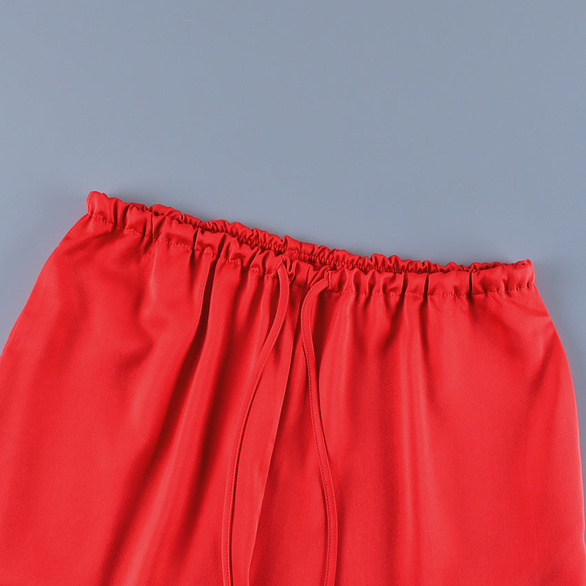 Women's Red Drawstring Wide-Leg Pants