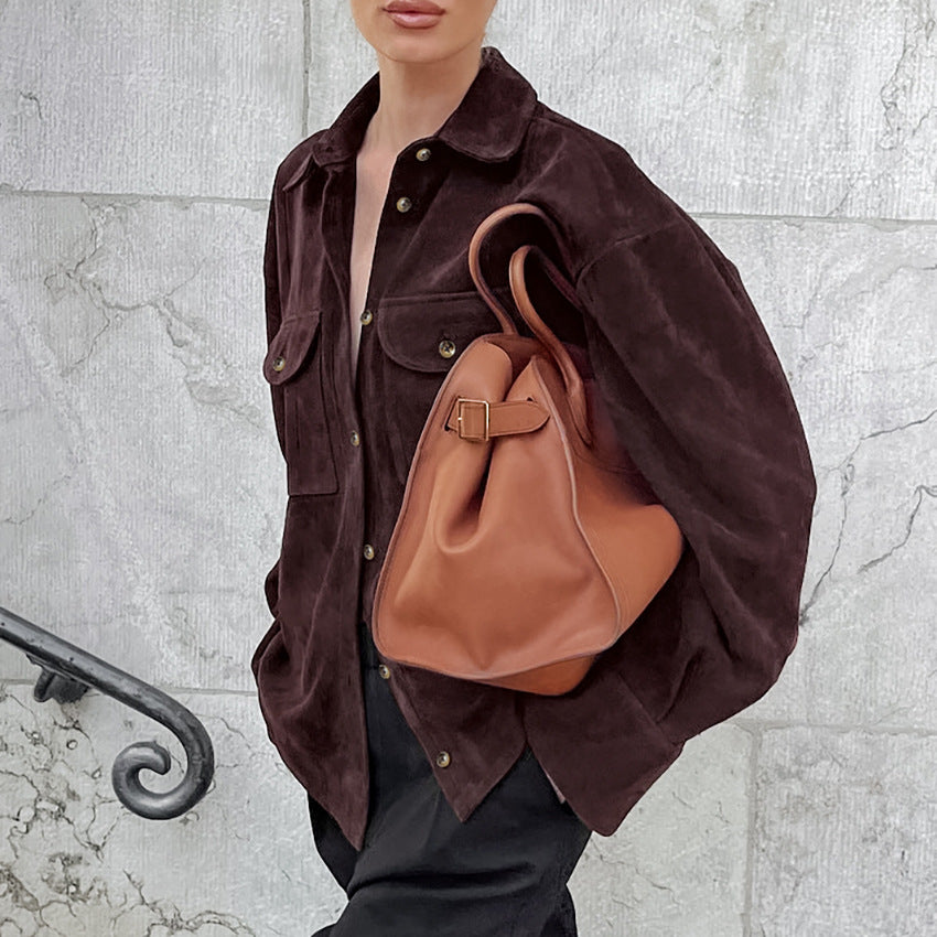 Women's Brown Faux Suede Relaxed Jacket - Brown