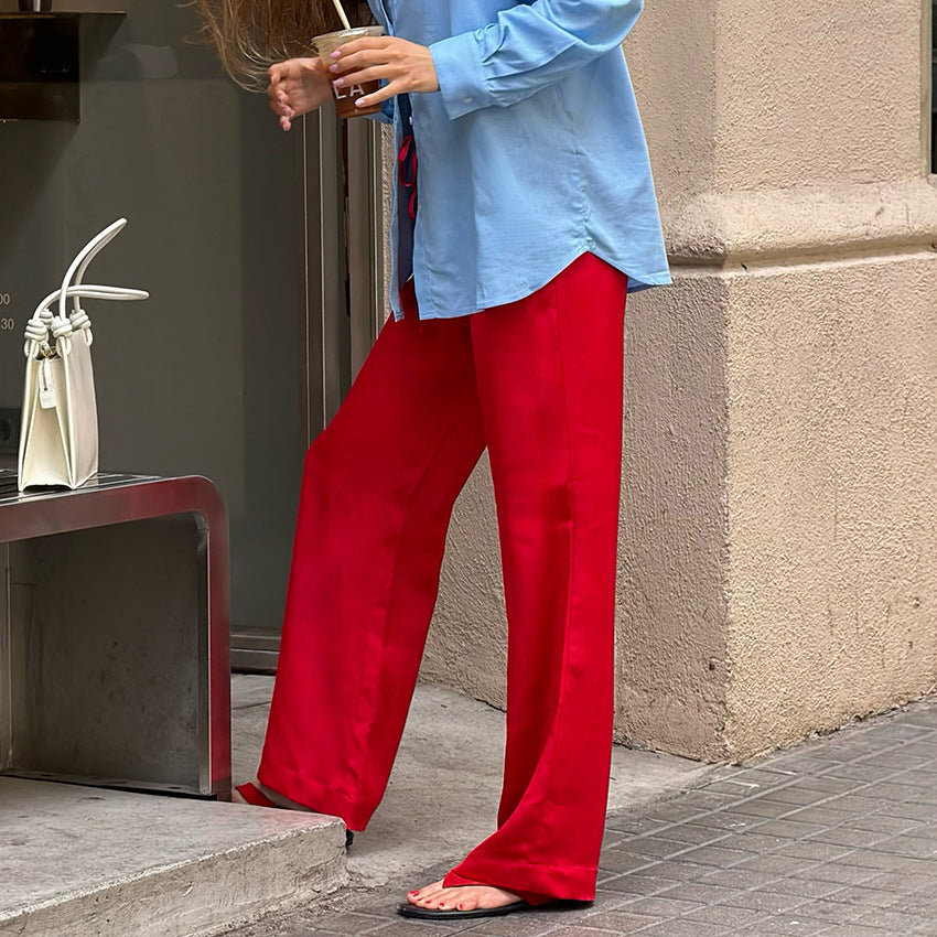 Women's Red Drawstring Wide-Leg Pants