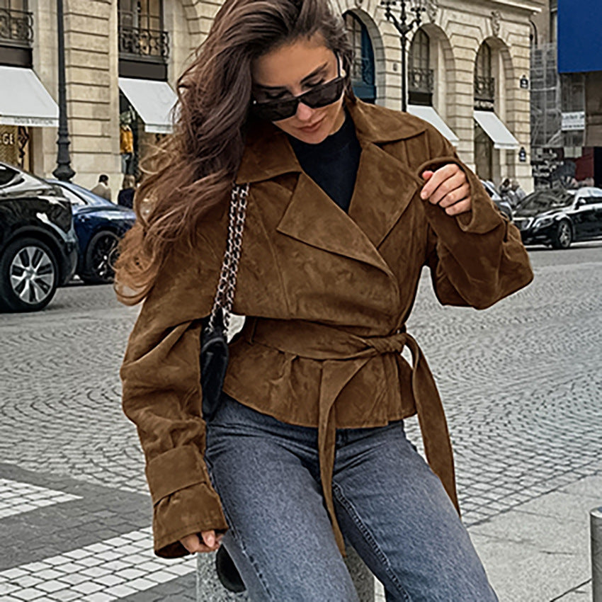 Women's Brown Faux Suede Belted Coat - Brown