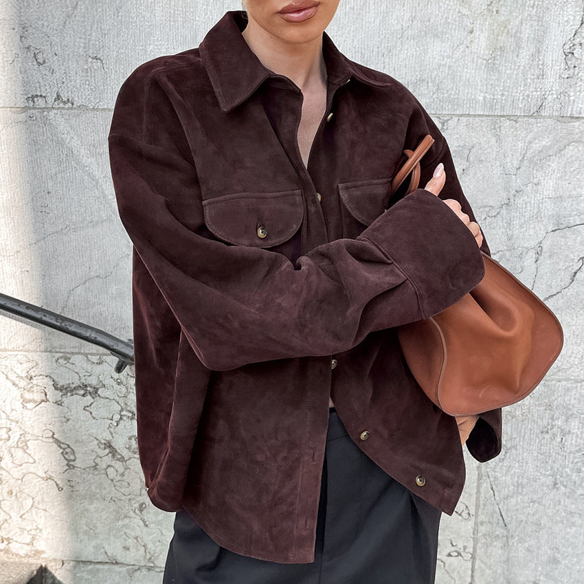 Women's Brown Faux Suede Relaxed Jacket - Brown
