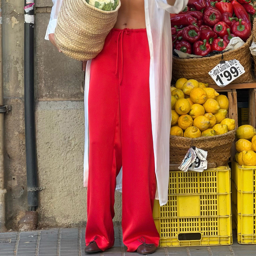 Women's Red Drawstring Wide-Leg Pants - Red