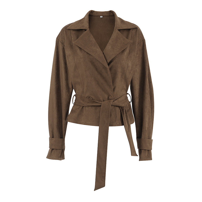 Women's Brown Faux Suede Belted Coat - Brown