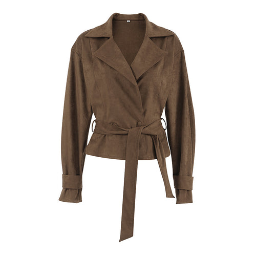 Women's Brown Faux Suede Belted Coat - Brown