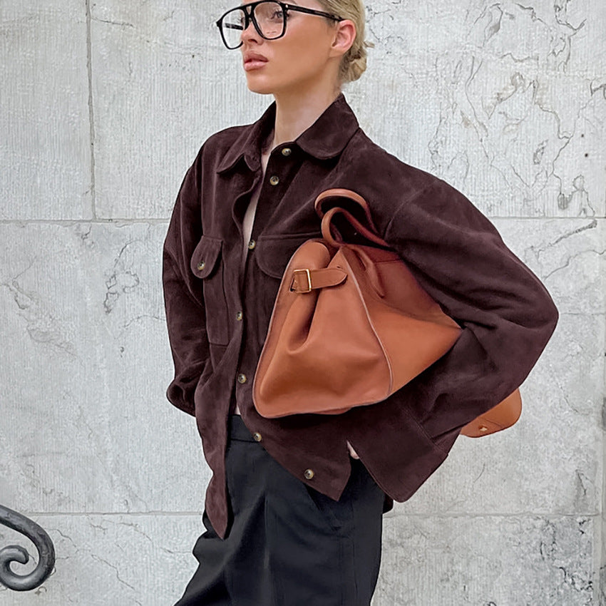 Women's Brown Faux Suede Relaxed Jacket
