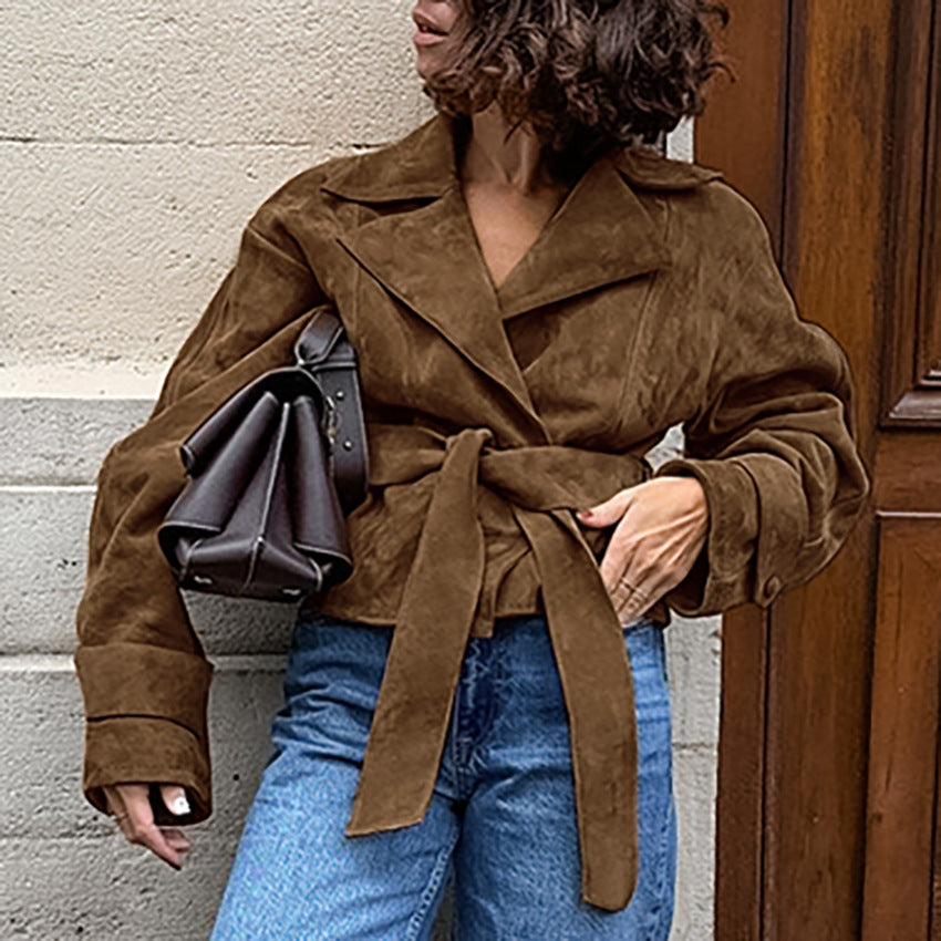 Women's Brown Faux Suede Belted Coat