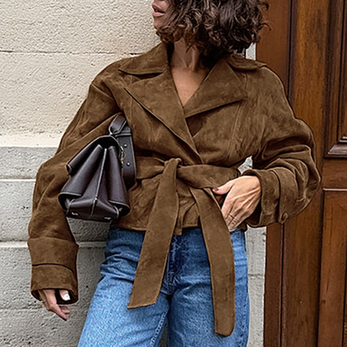 Women's Brown Faux Suede Belted Coat