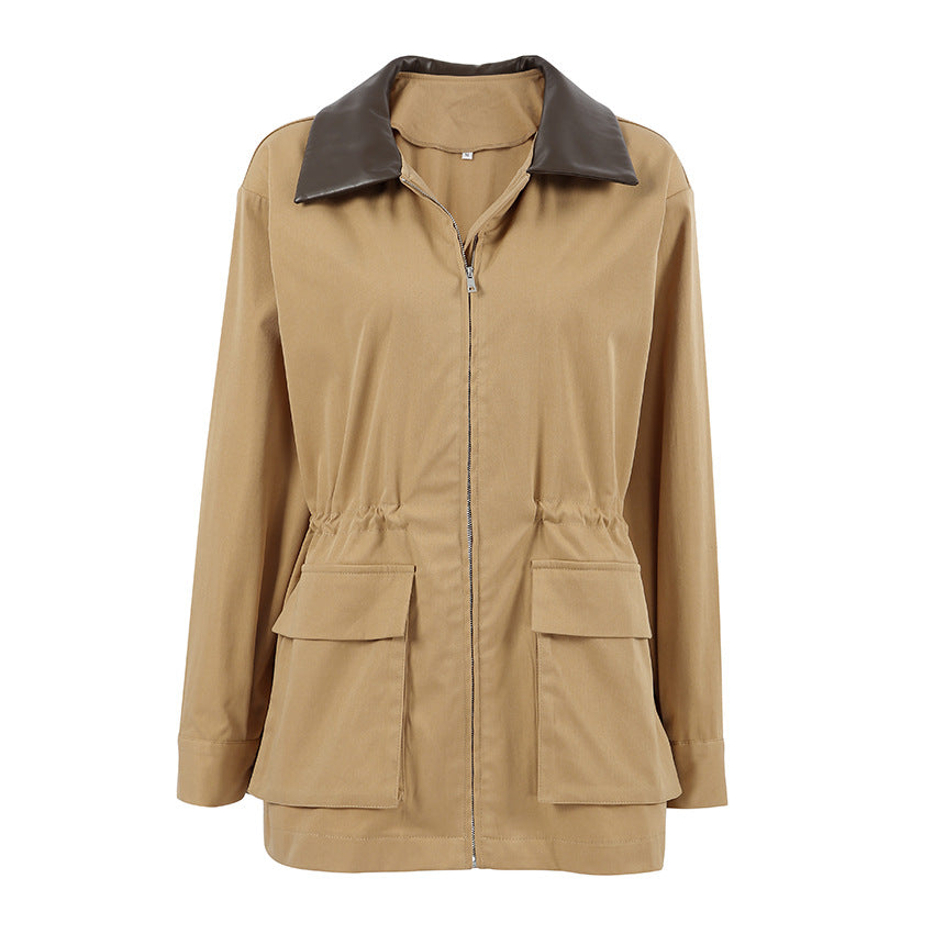 Women's Khaki Contrast-Trim Waist Jacket
