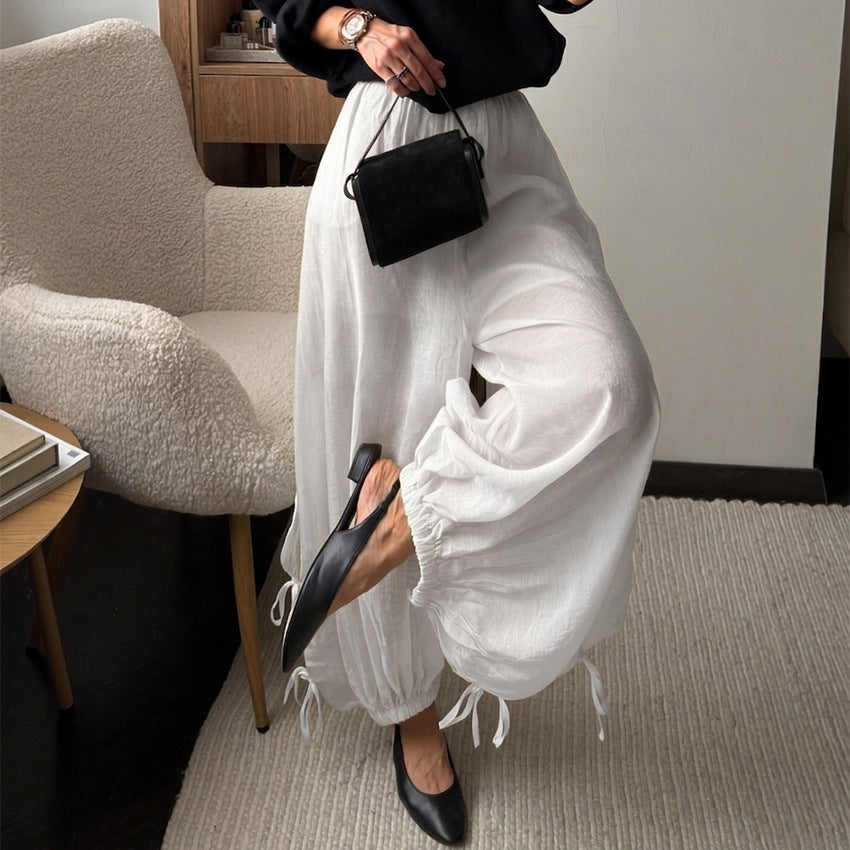 Women's White Belted Wide-Leg Pants