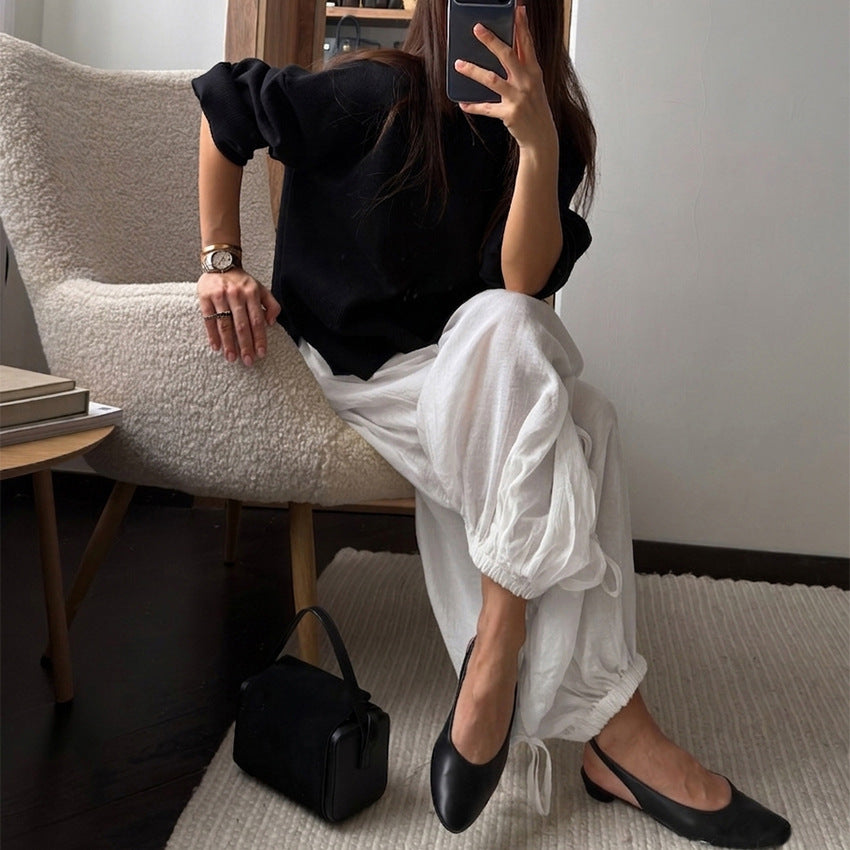Women's White Belted Wide-Leg Pants